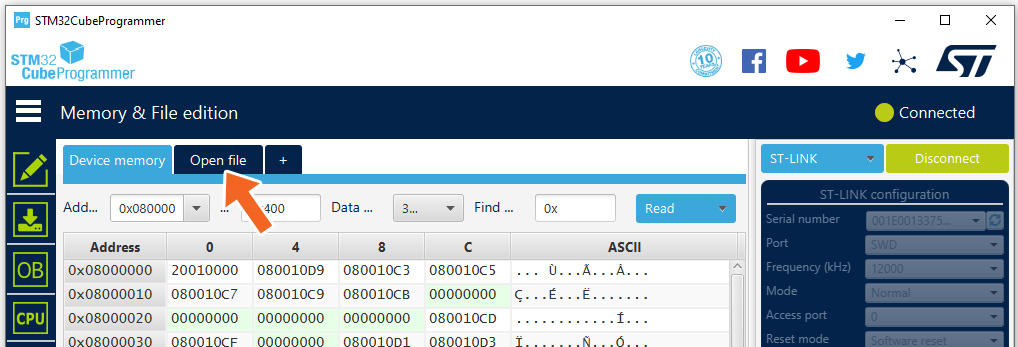 STM32CubeProgrammer: loading the firmware file